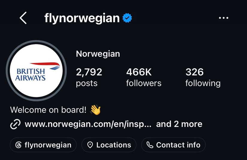 A screenshot of Norwegian's verified Instagram profile (@flynorwegian) showing British Airways' logo as its profile picture, with 466K followers and the caption 'Welcome on board!'.