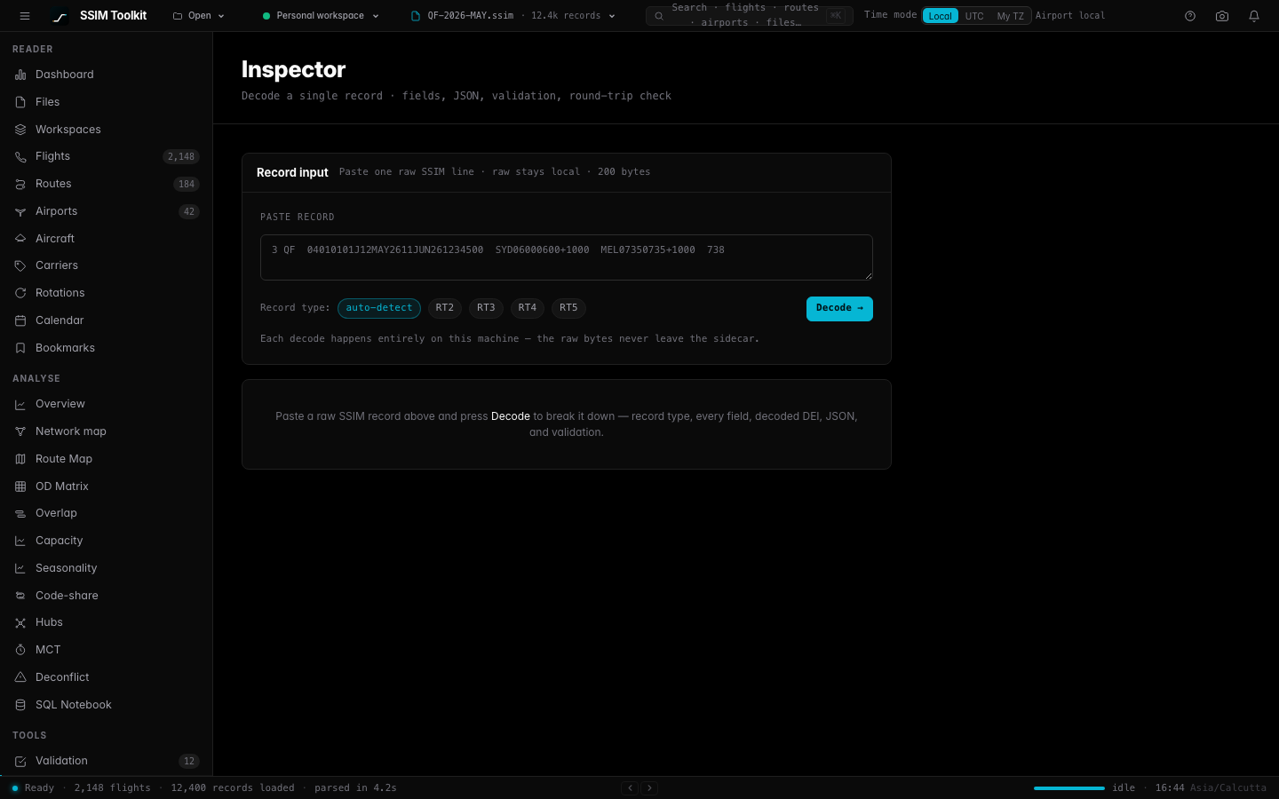 Record inspector showing decoded fields and JSON